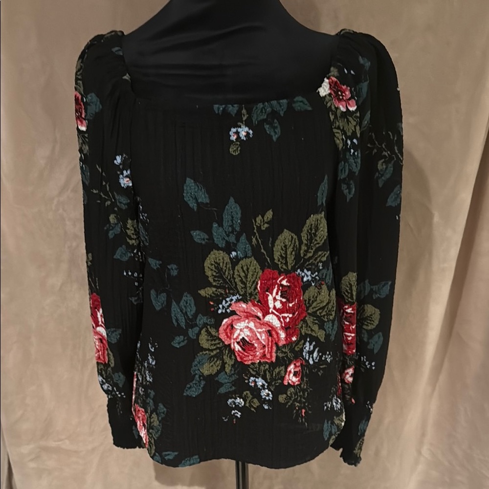 LOFT Black Floral Ribbed Long Sleeve Blouse